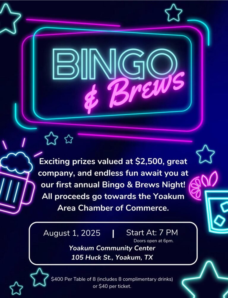 Join the Yoakum Chamber for BINGO & Brews on August 1 at the Community Center