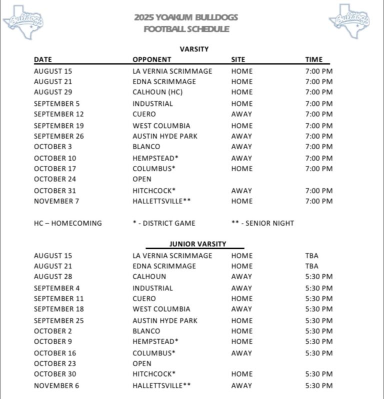 2025 Yoakum Bulldogs Football Schedule