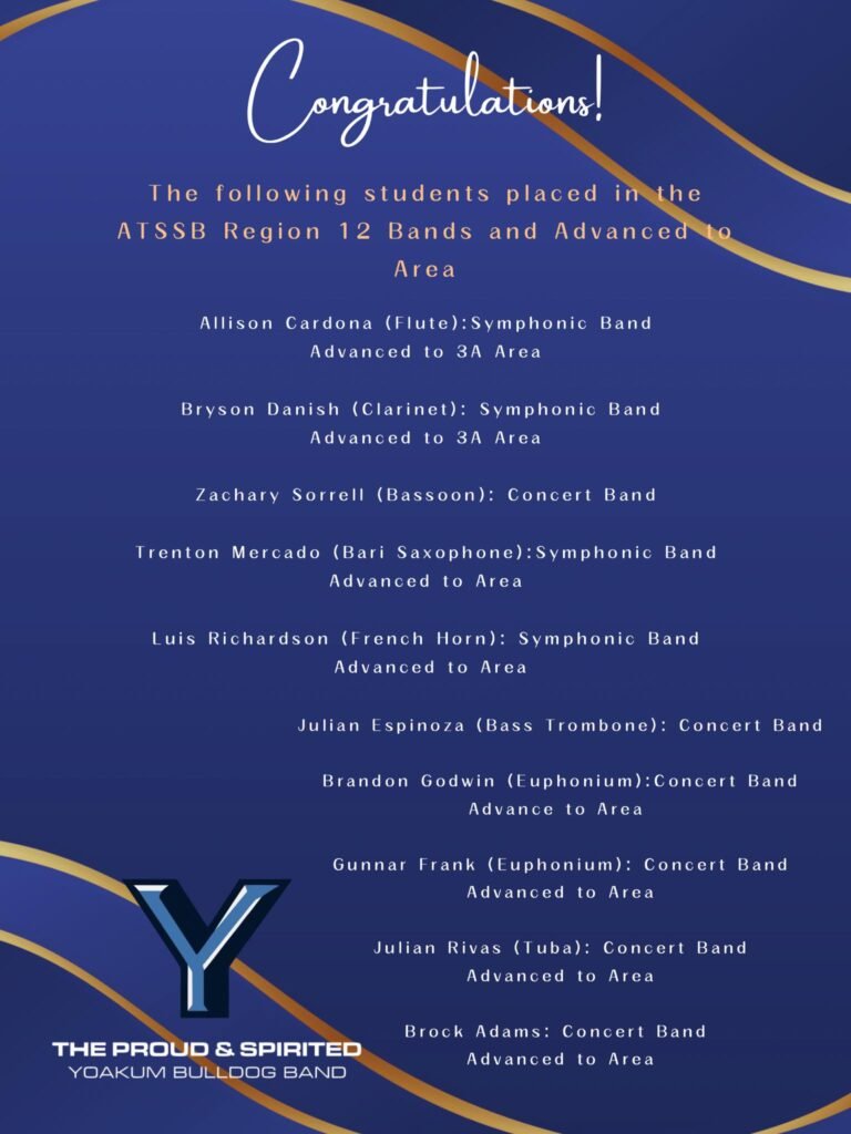 Yoakum Bulldog Band Shines at ATSSB Region 12, Nine Advance to Area