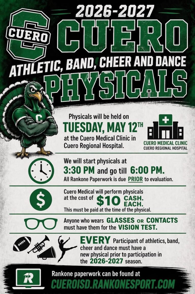 Cuero ISD Announces May 12 Physicals for 2026–2027 Athletics, Band, Cheer, and Dance
