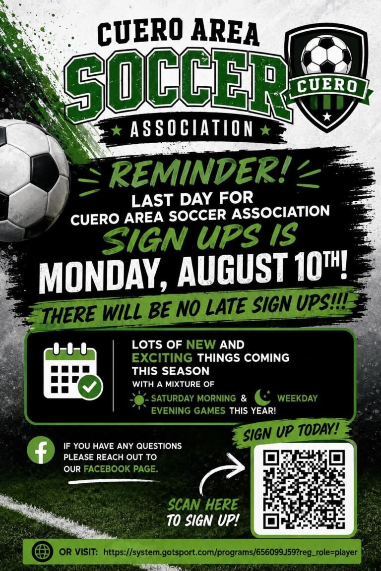 Cuero Area Soccer Association Announces Final Day for Player Registration
