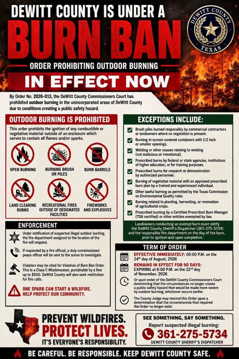 DeWitt County is Under A Burn Ban – Outdoor Burning Is Prohibited