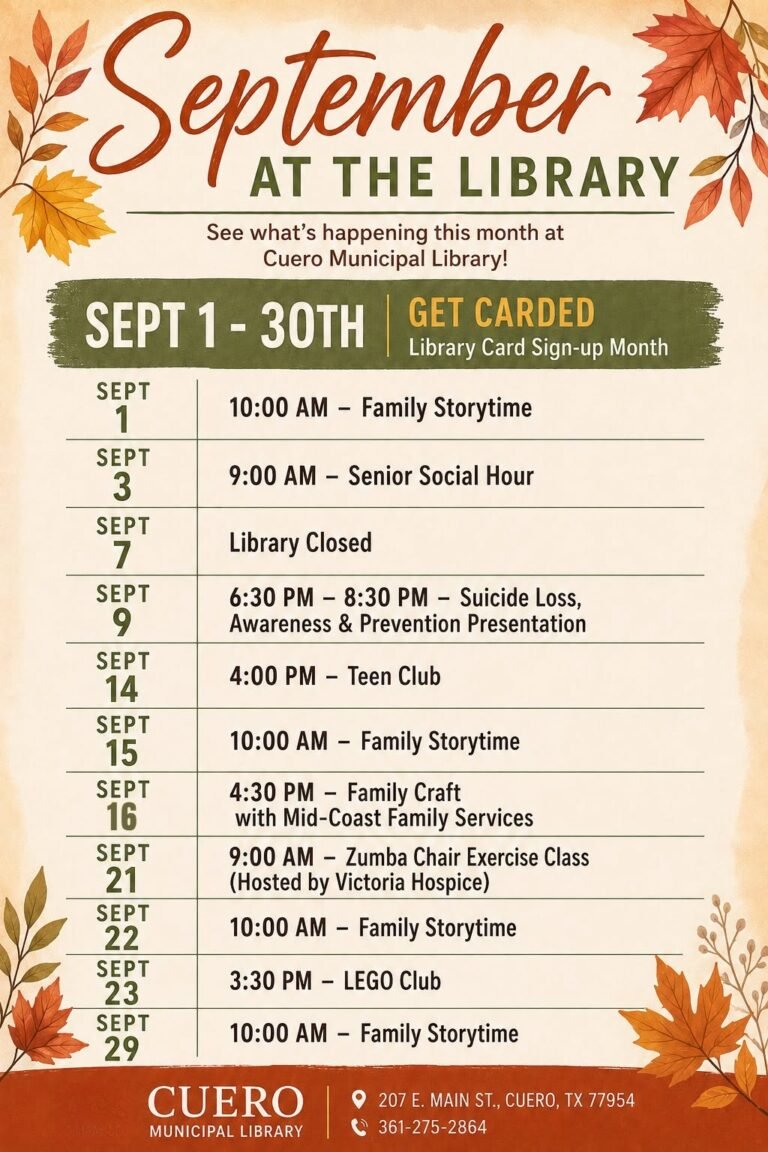 September At The Library – See what’s happening this month at Cuero Municipal Library
